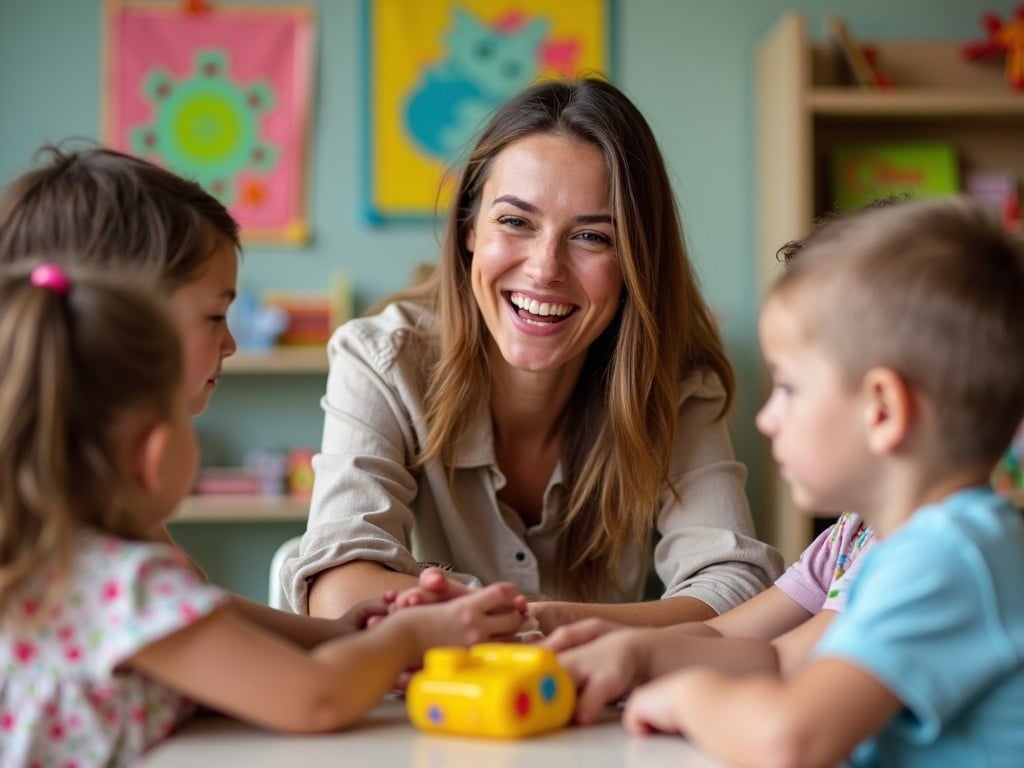 A woman with a joyful smile engages with preschool children in a nursery setting. She is seated at a table with four kids around her, encouraging interaction. The environment is colorful and filled with educational toys. The scene radiates warmth and happiness, emphasizing the positive impact of teachers in early childhood education. The children appear focused and eager to participate, showcasing a playful learning atmosphere.