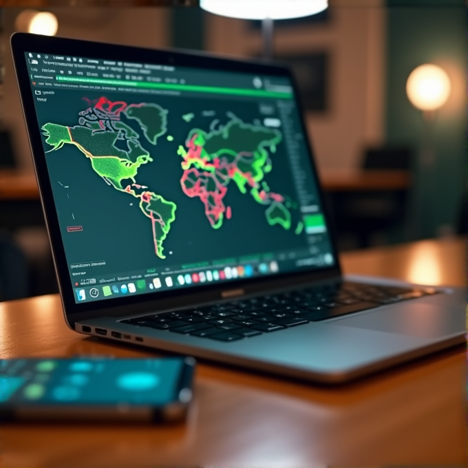 A laptop displaying a colorful digital world map, with a smartphone nearby on a wooden table.