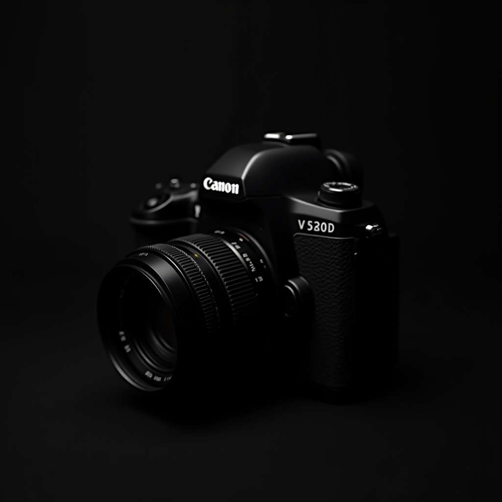 A sleek DSLR camera with a lens against a dark background.