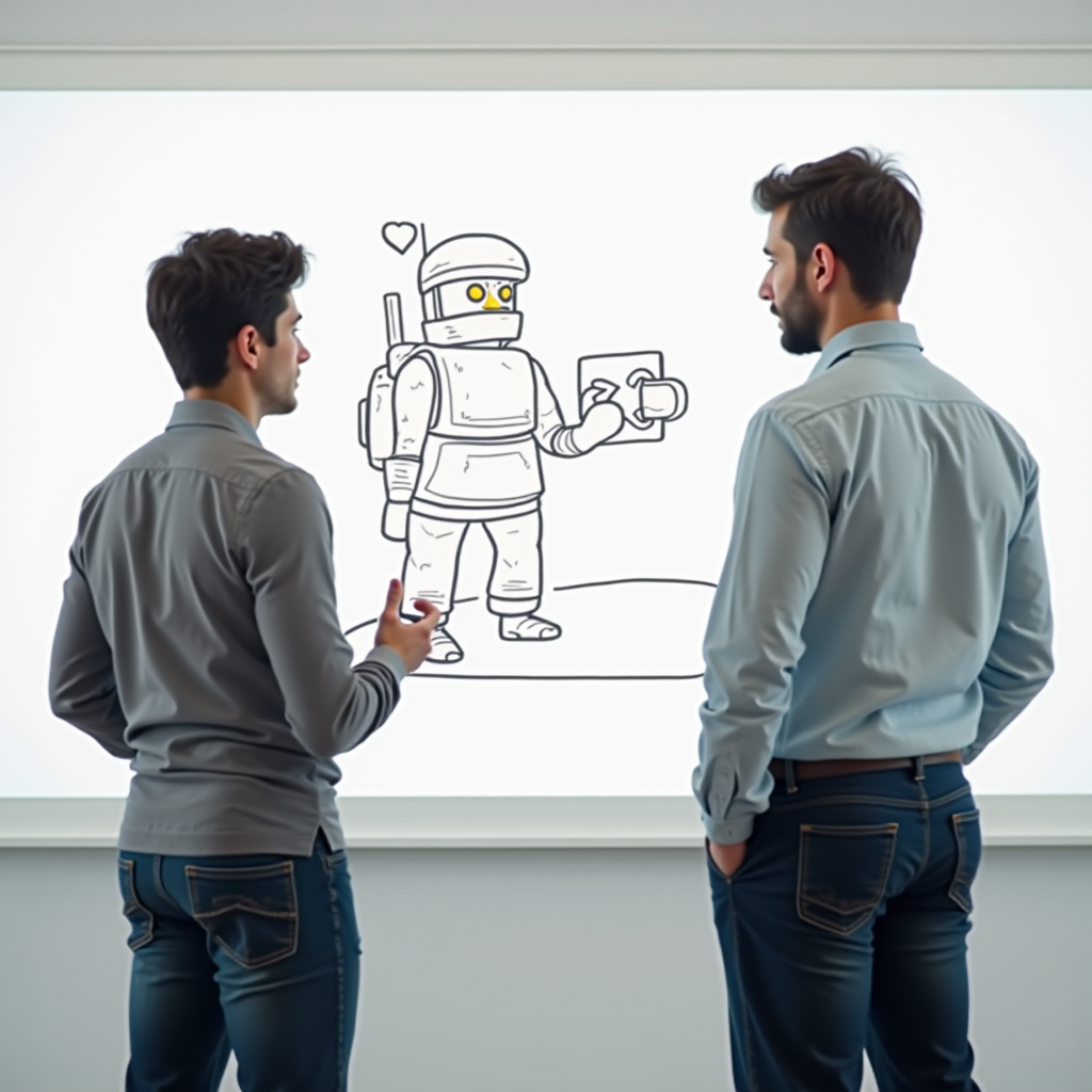 Two men are observing a cartoon drawing of a robot on a whiteboard, one gesturing with a pen.