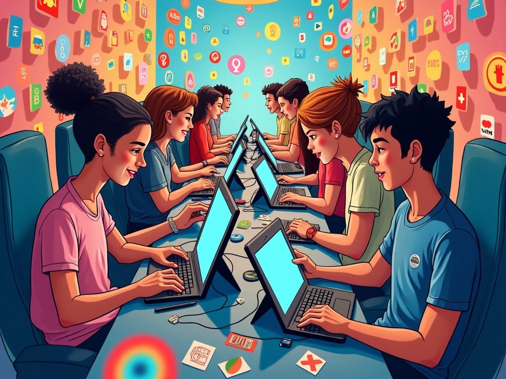 The image shows a vibrant scene where a diverse group of young individuals is working on laptops in a collaborative environment. Each person is focused on their screen, potentially creating content related to internet culture and memes. The background is lively, filled with various app icons and symbols representing the digital world. Their expressions are engaged and animated, reflecting creativity and social interaction. This illustration captures the essence of modern digital communication among youth.