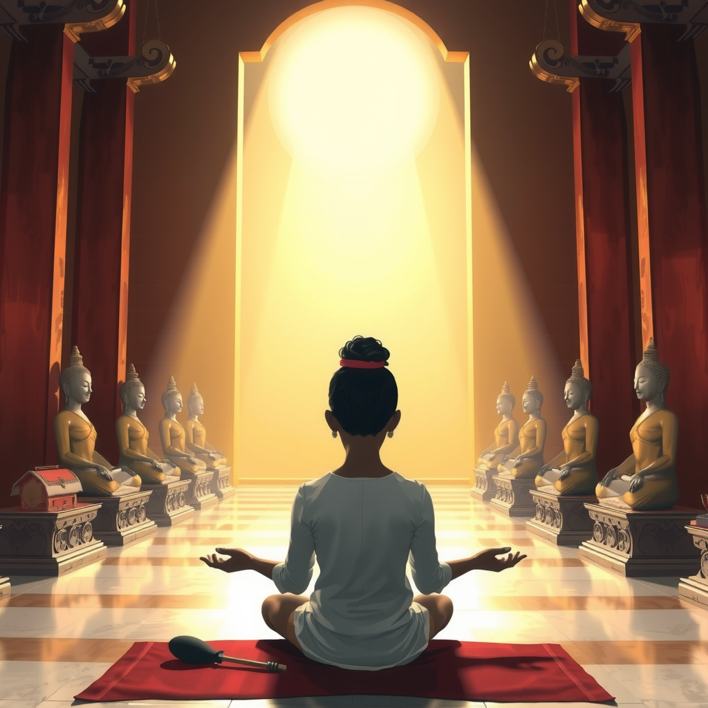 A person meditating in a serene temple filled with statues, illuminated by a golden light.