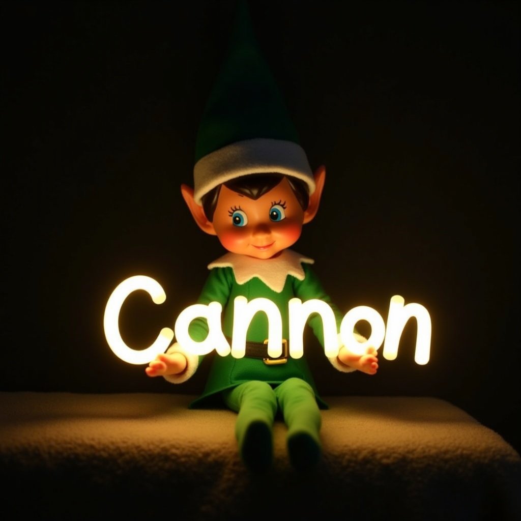 This image features an elf on the shelf character, dressed in traditional green attire. The elf is holding a glow stick that forms the name 'Cannon' in bright, soft light. The background is dark, which enhances the glowing effect of the text. It creates a warm, festive atmosphere, embodying the joy of the holiday season. The scene evokes feelings of magic and cheer associated with Christmas celebrations.