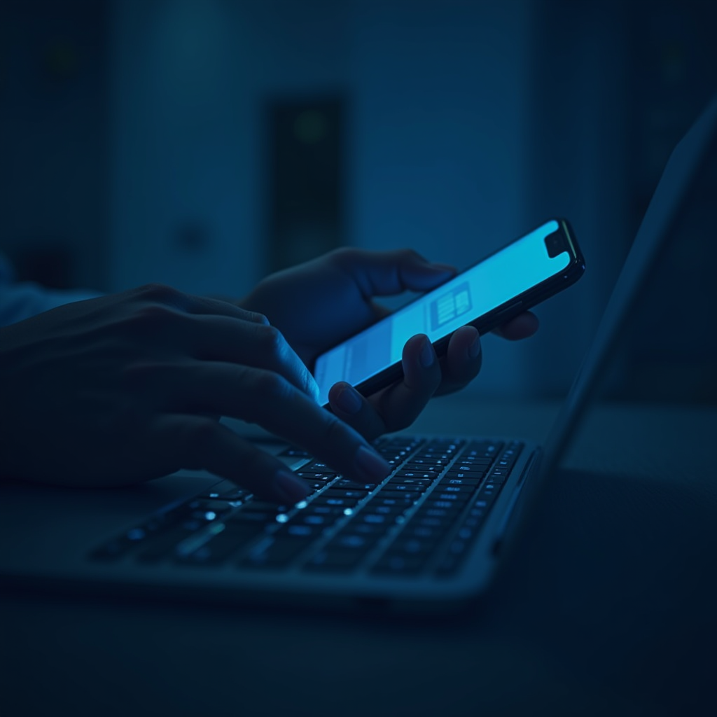 A person is using a smartphone while typing on a laptop keyboard in a dimly lit room, creating a tech-focused ambiance.