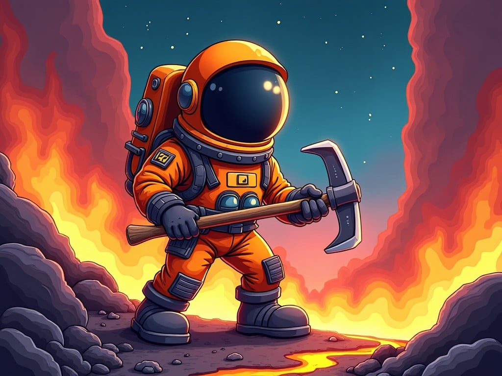 An astronaut in an orange spacesuit standing next to flowing lava with a pickaxe on an alien planet, surrounded by fire and a starry sky.