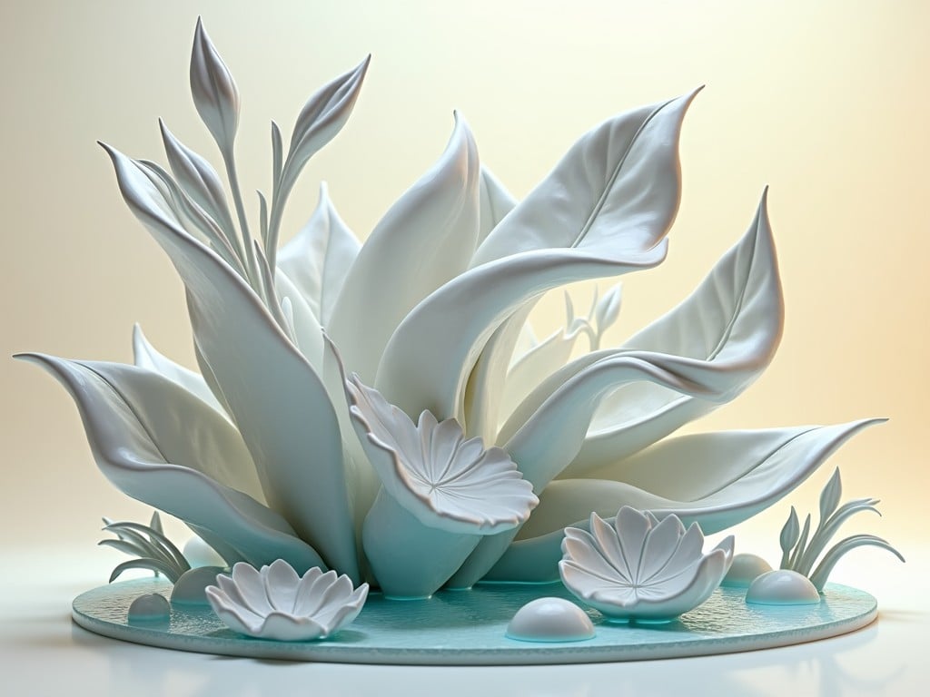 This image features a surrealistic futuristic sculpture that draws inspiration from nature. The sculpture showcases large, elegantly swirling leaves that exude a sense of fluidity and grace. Accompanying the prominent leaves are smaller, intricately shaped flowers that enhance the natural aesthetic. The color palette is predominantly white with hints of light blue and soft green, creating a calming visual experience. The overall design combines organic forms with a contemporary touch, making it an eye-catching piece of art.