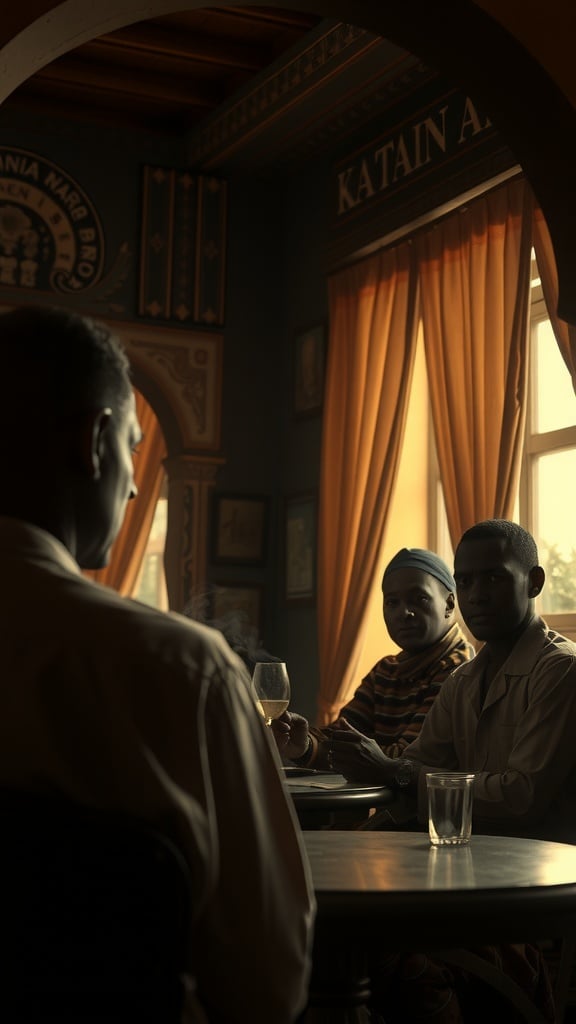 Three people engaged in conversation at a warmly lit cafe, framed by draping curtains.