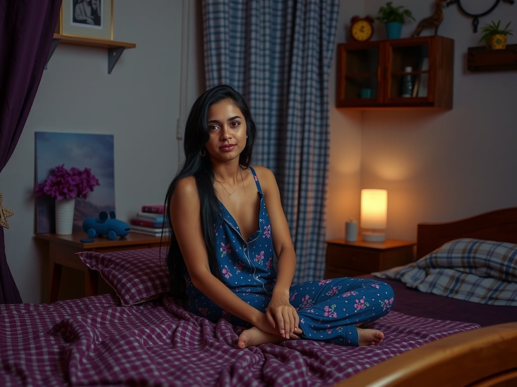 A woman in floral pajamas sits cross-legged on a bed in a warmly lit bedroom with a peaceful expression.