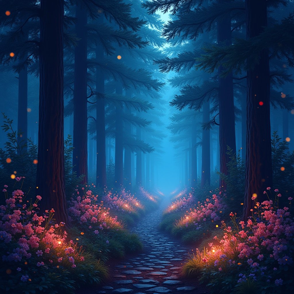 This image depicts a magical forest scene at night. A cobblestone path winds through tall, shadowy trees, creating an enchanting atmosphere. Vibrant flowers bloom alongside the path, their colors glowing softly in the dim light. Fireflies dance through the air, adding a touch of whimsy to the scene. The overall lighting is atmospheric, evoking feelings of wonder and tranquility.