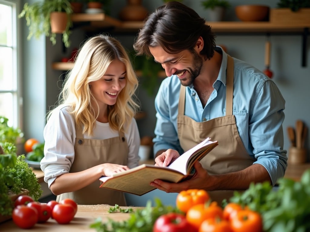 A cheerful couple is engaged in cooking together in a cozy kitchen. The blonde woman is looking at a cookbook while the tall, handsome man with dark hair smiles at her. Fresh vegetables are spread throughout the kitchen, enhancing the vibrant atmosphere. They wear matching aprons, emphasizing teamwork in the kitchen. Natural light filters in through a window, illuminating their joyful expressions as they explore new recipes together.