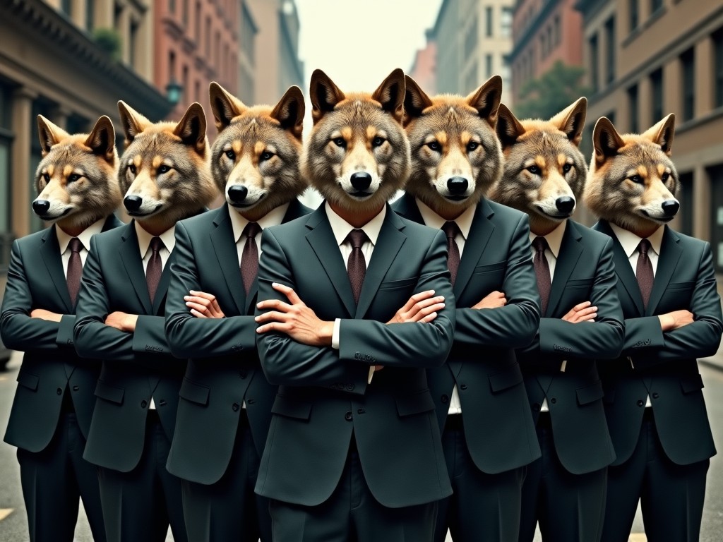 men in suits with wolf heads standing on a street