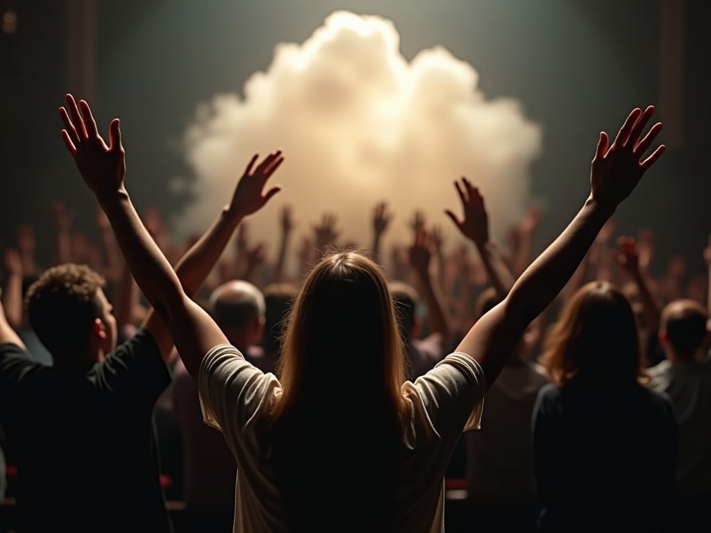 a crowd of people with raised hands at a concert or worship event, dramatic backlighting