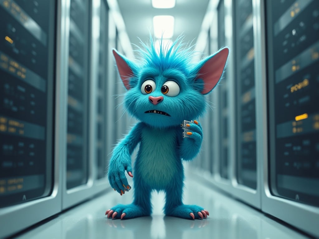 This image depicts a cute blue hairy monster standing in a datacenter. The monster looks slightly embarrassed, with its furry blue body and large ears adding to its charm. It's holding a few Ethernet cables in its hand. The background features rows of sleek server racks that emphasize the high-tech environment. The overall style is reminiscent of a Wes Anderson film, combining vibrant colors and quirky aesthetics.