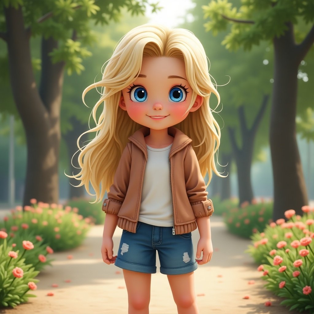 A charming scene features an 11-year-old girl with blonde hair and blue eyes. She stands confidently on a lovely pathway surrounded by flowers. The girl wears a casual outfit, consisting of a light jacket and shorts. The background is filled with lush greenery and trees. The lighting is soft and inviting, creating a warm atmosphere. This scene evokes feelings of joy and freedom.