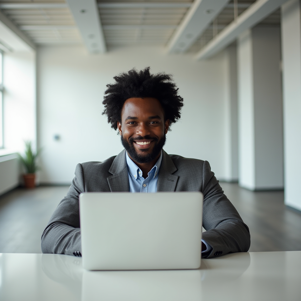 A smiling person in a suit sits at a desk with a laptop in a bright, modern office.