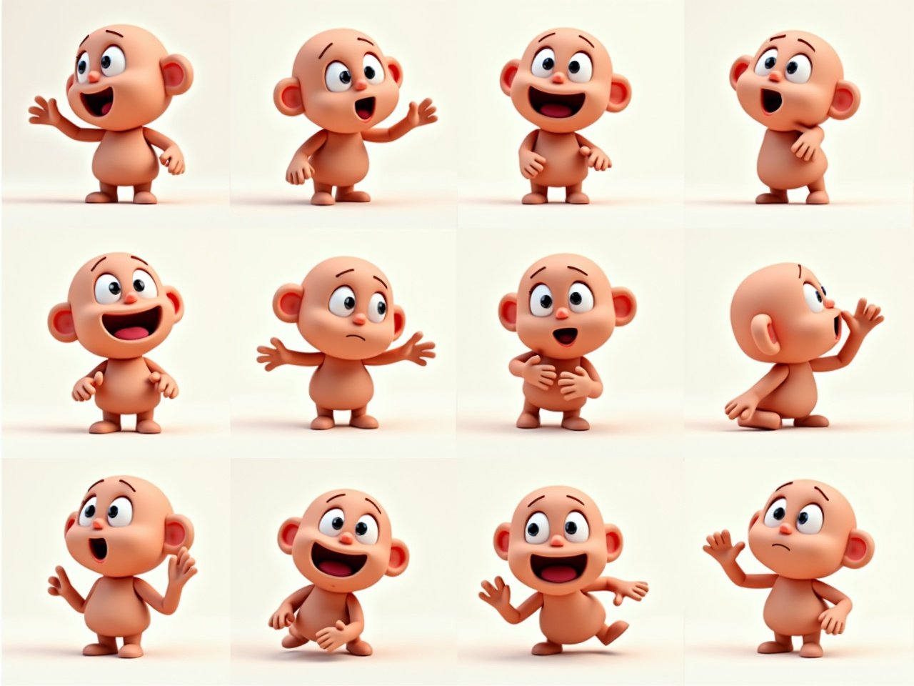 Create 10 3D cartoon variants of a character with a cheerful expression. Each variant should showcase different poses, illustrating various expressions such as joy, curiosity, surprise, sympathy, enthusiasm, support, trust, and agreement. The character should have a dynamic nature, with each pose reflecting a moment of movement that adds to its lively personality. This character should be suitable for use in various contexts, particularly for a psychological chatbot, emphasizing its relatable and engaging qualities.