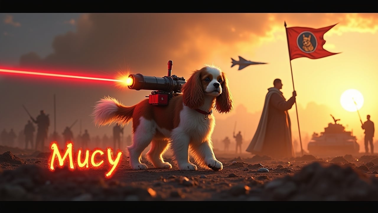 In a dramatic and awe-inspiring scene, a fluffy brown and white cavalier king charles spaniel walks across a dark, desolate battlefield. There is a laser cannon on its back, firing a bright red beam. Nearby, a figure wearing a cloak stands valiantly holding a flag with a dog emblem. In the background are a multitude of small soldiers holding rifles as well as tanks, barely visible among the shadows. The sky is lit by the bright radiance of the sun. A jet fighter passes overhead. At the bottom, we see the text 'Mucy' boldly displayed, in fiery writing.