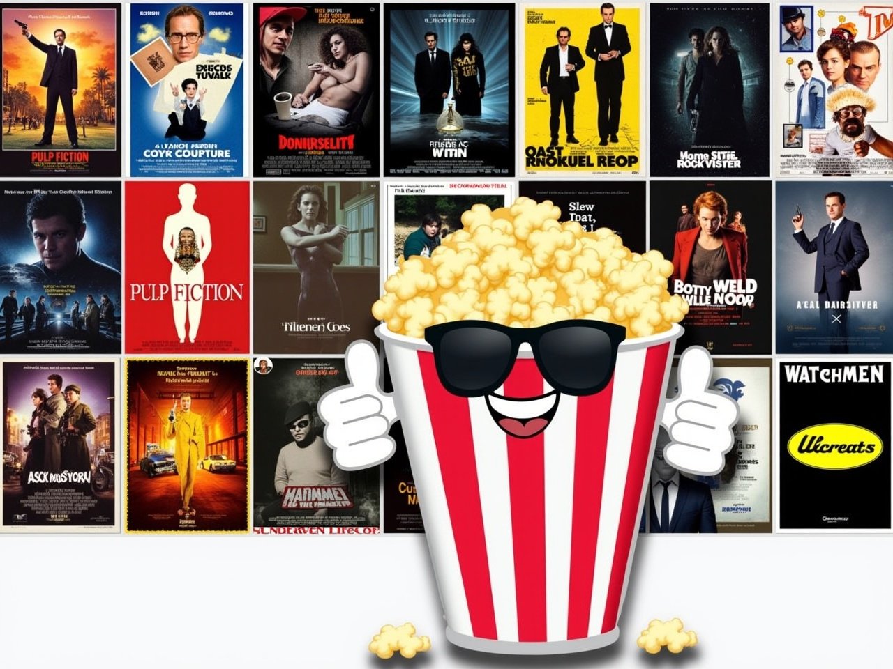 The image features a fun and colorful cartoon character that looks like a bucket of popcorn, wearing sunglasses and giving a thumbs up. In the background, there are various iconic movie posters arranged in a collage. Some of these posters appear to be for films like 'Pulp Fiction', 'The Professional', and 'Watchmen'. The overall vibe of the image is playful and nostalgic, celebrating classic movies. The cartoon popcorn character suggests a joyful movie-watching experience. It's an inviting visual that appeals to film enthusiasts.