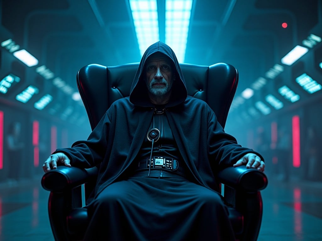 A dark, mysterious figure in a hooded robe sitting in a large futuristic chair, surrounded by a dimly lit high-tech environment with glowing blue lights, evoking a science fiction atmosphere.