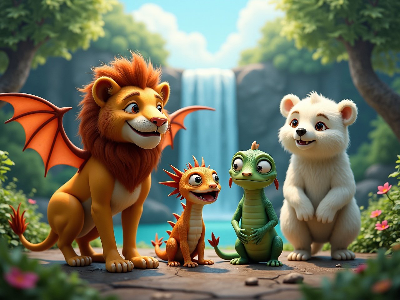 The image features a group of imaginative monsters that blend characteristics of real animals. Among them is a lion with majestic wings, a small, spiky creature resembling a cross between a lizard and a dragon, a playful yet curious green chameleon-like monster, and a friendly white bear. They stand together in a lush, realistic forest backdrop near a waterfall, surrounded by vibrant foliage. The scene is infused with a sense of wonder and adventure, inviting viewers to explore this fantastical world. Each creature exhibits unique traits, showcasing their whimsical design and personality.