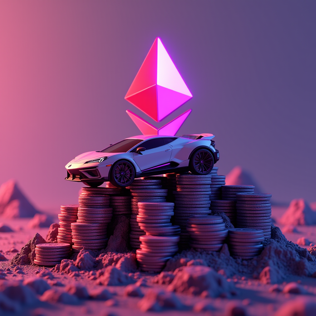 A futuristic car sits on stacks of coins with a glowing Ethereum symbol above, all in a surreal landscape.