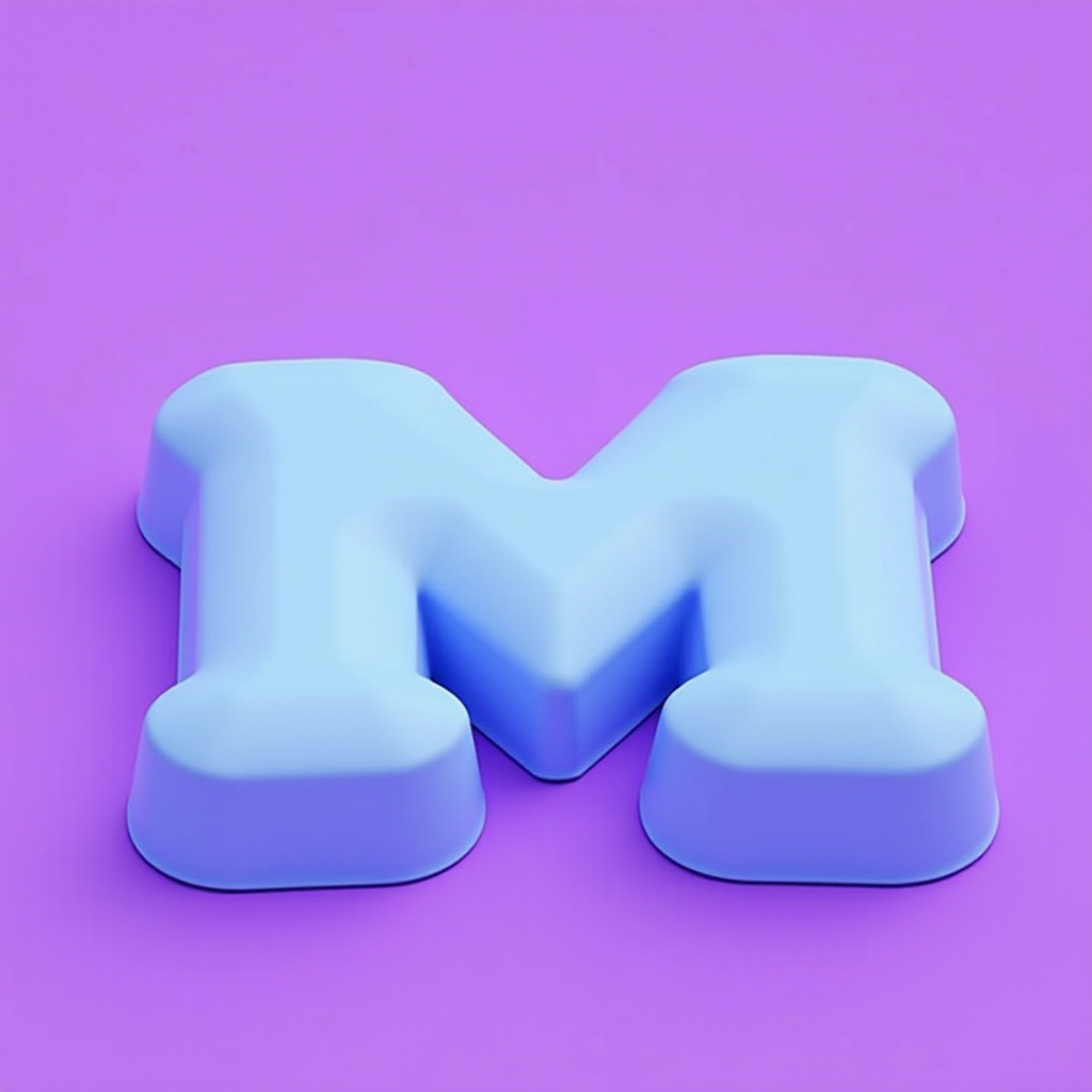 A 3D blue letter M is placed on a vibrant purple background.