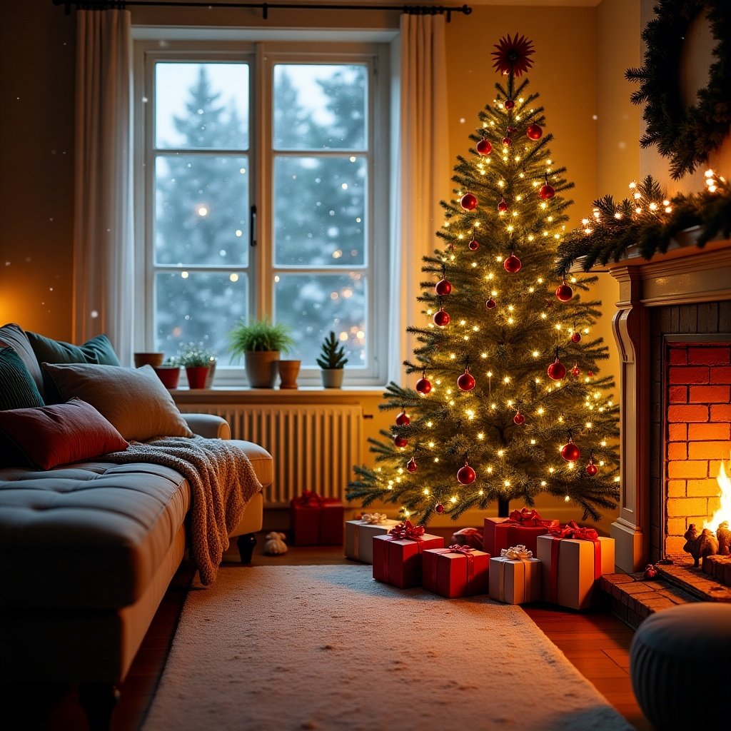 The image depicts a beautifully decorated Christmas tree in a cozy living room. Twinkling lights adorn the tree, which stands proudly next to a warm fireplace glowing invitingly. Wrapped gifts in vibrant colors are placed around the base of the tree, enhancing the festive spirit. Through the window, a serene snowy landscape can be seen, indicating the winter season outside. Soft furnishings and holiday decorations create a welcoming atmosphere perfect for family gatherings during the holiday season.