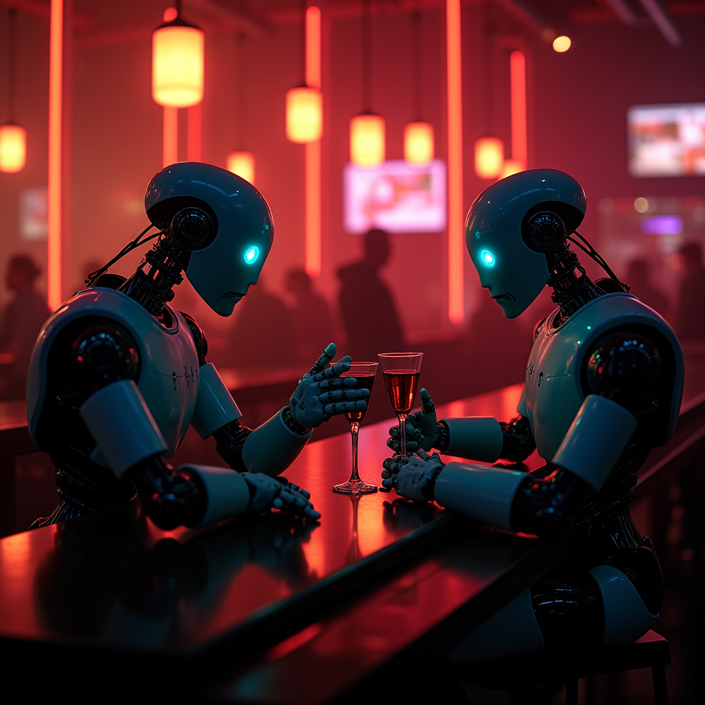 Two robots engaged in conversation over drinks at a futuristic bar.