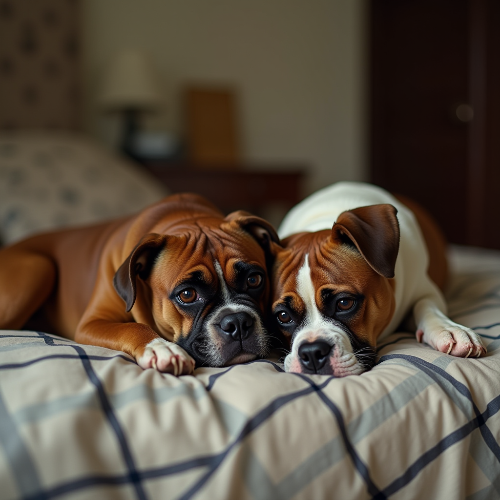 Two brown and white boxers rest closely together on a plaid bedspread in a warmly lit bedroom.