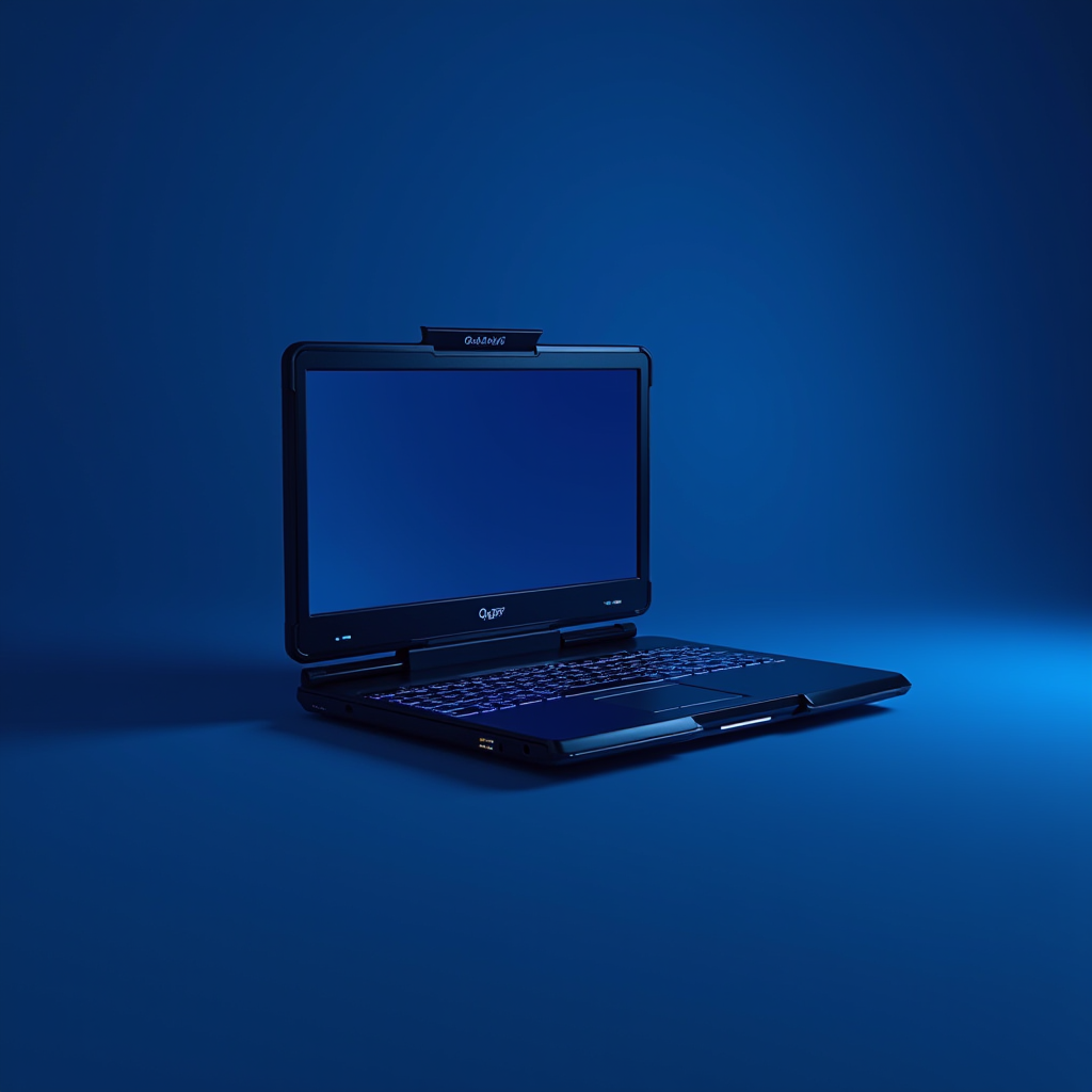 A sleek, dark laptop with a glowing keyboard set against a deep blue background.