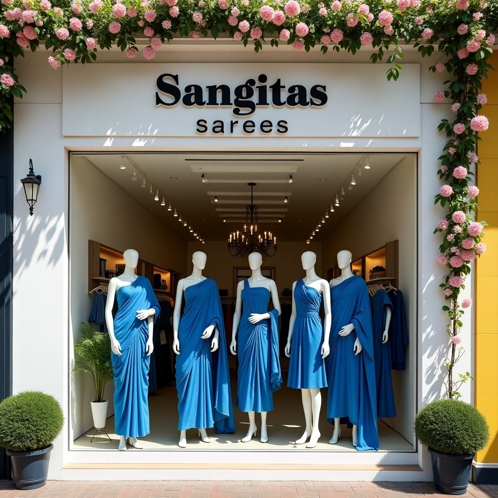 This image showcases a stylish fashion store named 'Sangitas Sarees.' The window display highlights elegantly dressed mannequins showcasing a variety of Indian women's new outfits in blue. The storefront has a white plaster facade beautifully adorned with colorful flowers and plants. Bright natural sunlight fills the scene, enhancing the details of the clothing displayed. This inviting daytime setting represents modern fashion retail along with the essence of contemporary style, where the interior is also well lit, inviting potential customers to explore more.