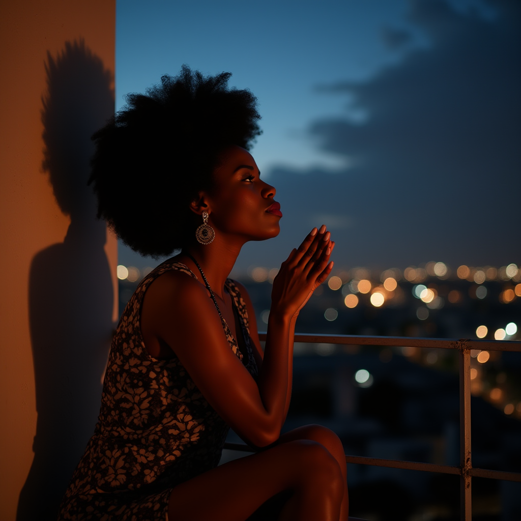 A woman on a balcony at dusk, deep in thought, against a city lights backdrop.