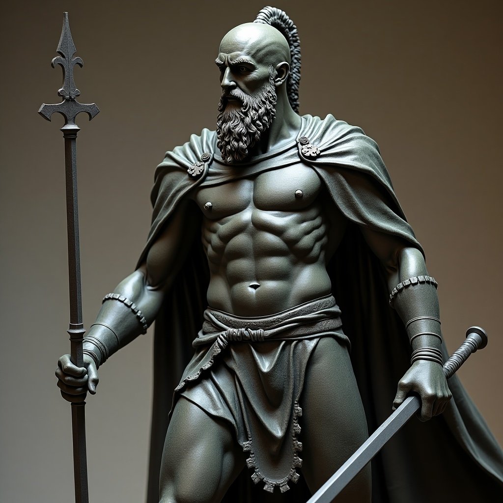 This image depicts Ovidiu the Brave, a bronze sculpture representing a powerful warrior. The statue showcases a well-defined muscular physique, adorned with a flowing cape and intricate details. He holds a sword in one hand, embodying strength and courage. The design captures the essence of ancient warriors, with influences from classical art styles. The sculpture's posture and expression convey a sense of determination and bravery, making it a striking piece of artwork.