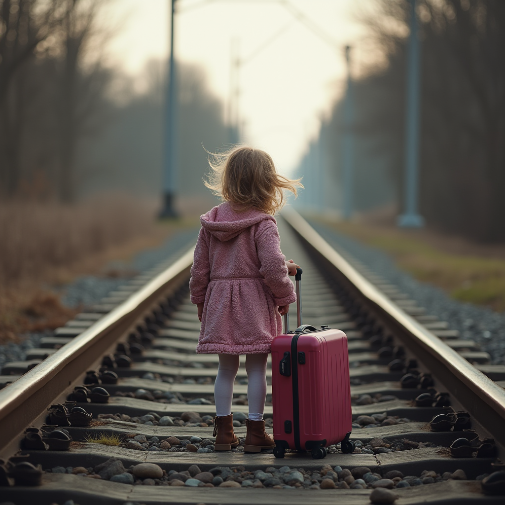 In this beautifully composed image, a small child stands on a railway track, facing away from the viewer. The child is wearing a pink coat and white tights, holding a small pink suitcase by the handle, suggesting a theme of travel or adventure. The track stretches into the distance, leading the eye toward a misty, soft-focused background of bare trees and a pastel sky, evoking a sense of mystery and exploration. The child’s hair gently blows in the breeze, adding a dynamic element to the serene scene.