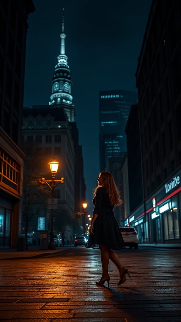 A woman in a dark dress gracefully walks through an urban street at night, her silhouette illuminated by warm streetlights. The city buildings tower around her, with a prominent, lit-up spire in the background, giving the scene a cinematic and atmospheric feel.