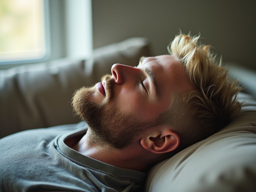 A man is peacefully reclining on a couch, lost in a serene sleep. His pale face contrasts gently with the soft beige and gray tones of the couch. With blonde hair neatly styled, he appears relaxed and free of any expression, embodying tranquility. The natural light streaming in from a nearby window enhances the peaceful atmosphere. The medium-format camera-like quality offers depth and detail, capturing the nuances of his expression and the soft textures around him.