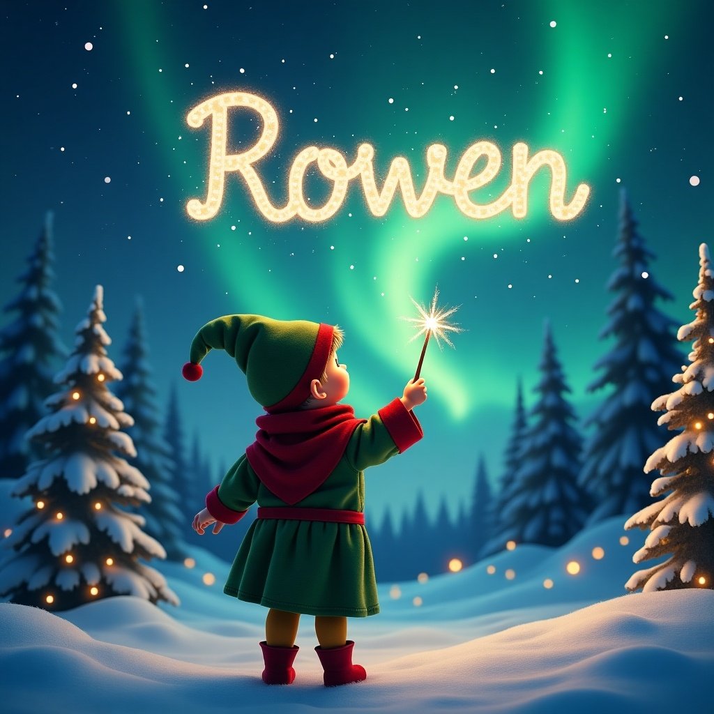 A child dressed as an elf stands with their back to the viewer, gazing up at the night sky. They hold a wand, creating the name 'Rowen' in the air surrounded by sparkles. The scene is set in a winter landscape, featuring snow-covered trees and twinkling lights. The sky is illuminated by beautiful northern lights, creating a magical atmosphere. The entire composition exudes a cheerful and festive vibe, perfect for the holiday season.