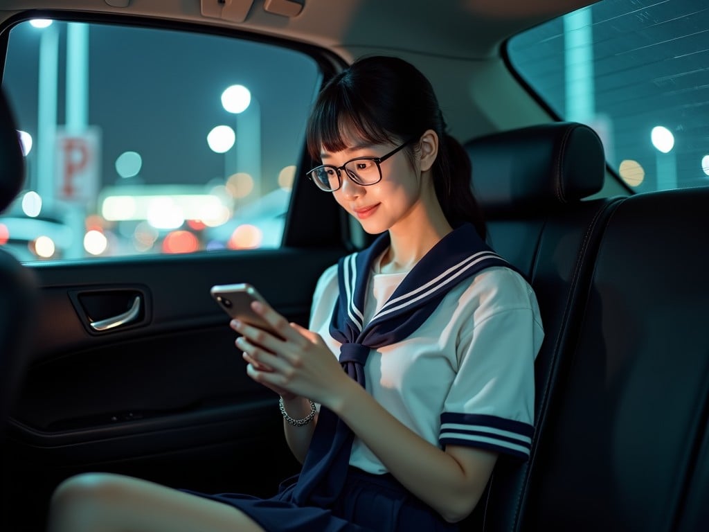 A young woman in a sailor-style school uniform sits in a car at night, engrossed in her smartphone. The car's interior is dimly lit, while the background reveals a blur of city lights, adding a sense of movement and liveliness to the scene. Her expression is peaceful and focused, highlighting the intimate connection between the individual and technology.