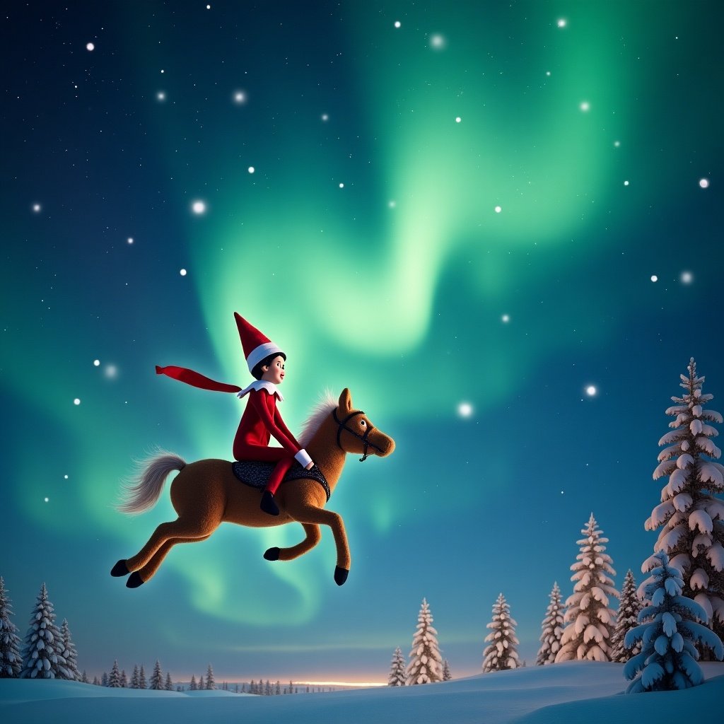 This illustration features a whimsical scene of a girl dressed as an elf, known as Santa Ryleigh, joyfully riding a horse while soaring through a wintry sky illuminated by stunning northern lights. The background showcases snow-covered trees that add to the magical atmosphere. The vibrant greens and blues of the aurora borealis create a captivating backdrop for this festive moment. The elf's expression is filled with happiness, embodying the spirit of adventure and wonder. This artistic piece perfectly captures the essence of the holiday season and the imagination of childhood.