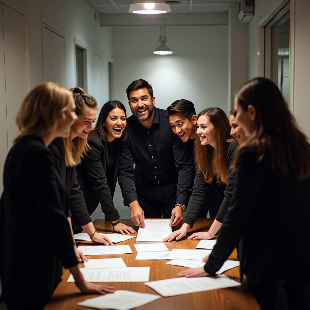 A group of seven people energetically engaged around a conference table with documents, smiling and leaning in.