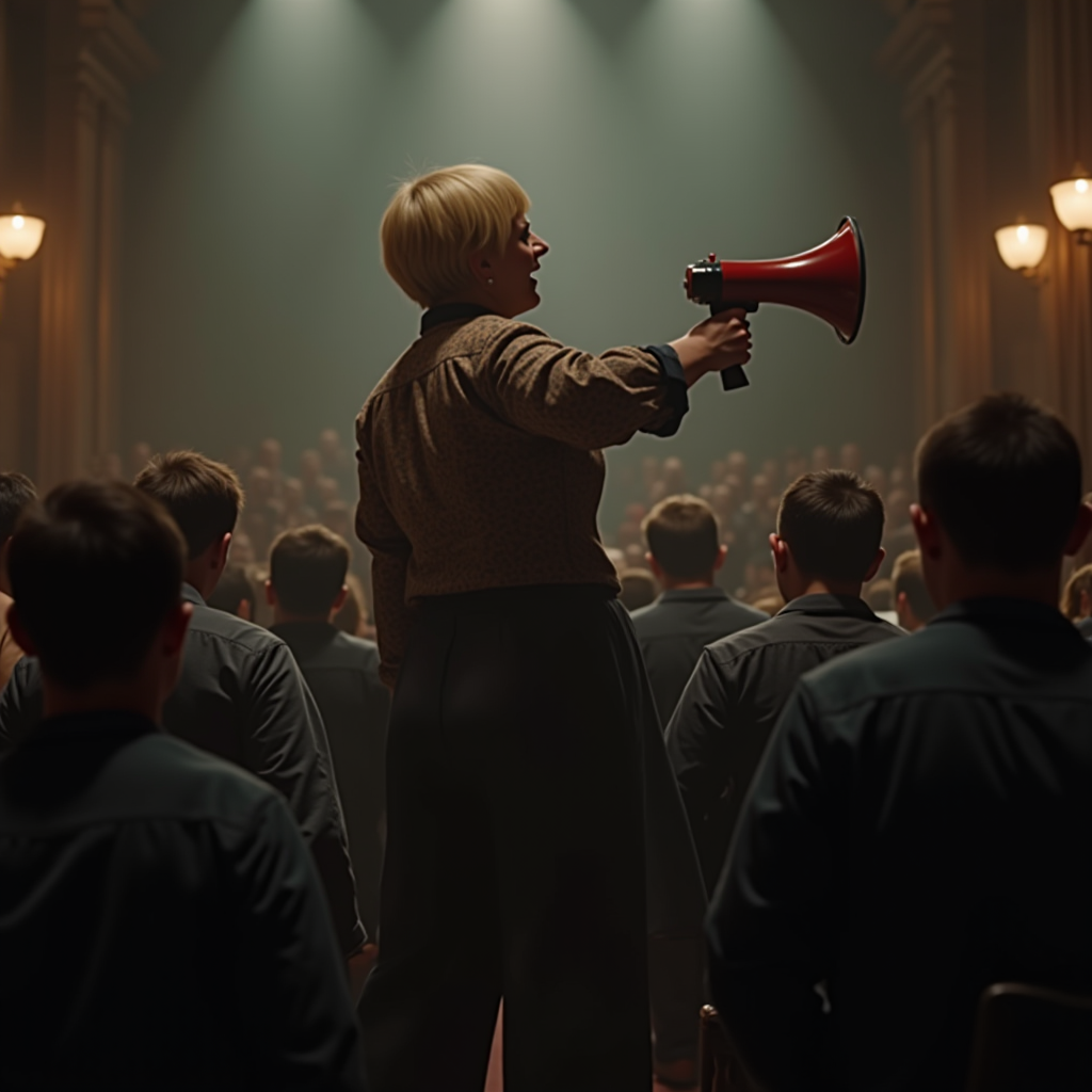 A person uses a megaphone to address a crowd in a dimly lit auditorium.