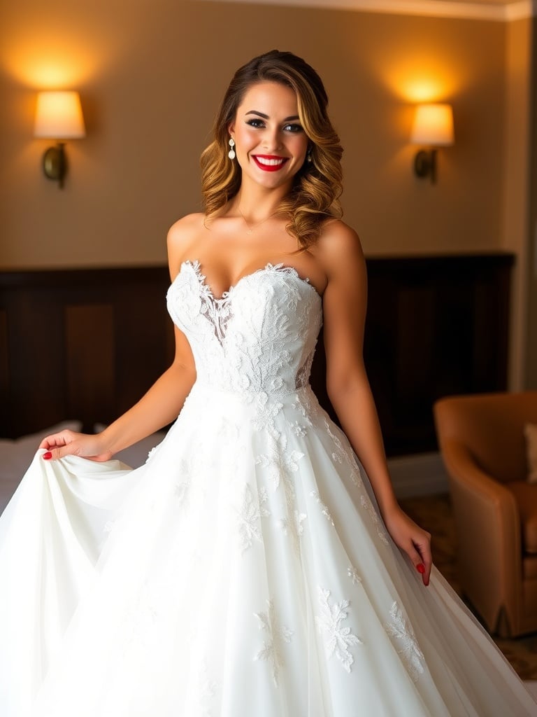 The image captures a bride indoors, exuding elegance in her lace-adorned, strapless wedding gown. The dress, tailored to perfection, showcases intricate floral embroidery. Warm ambient lighting from lamps on the wall enhances the intimate and inviting atmosphere of the setting.