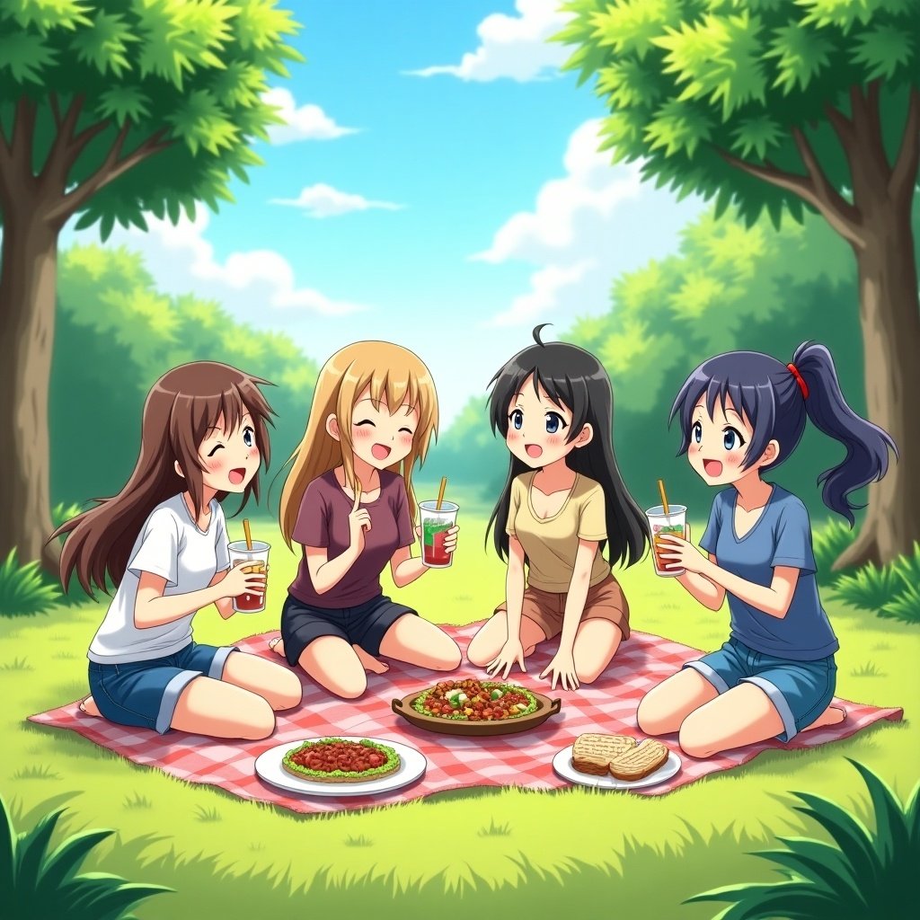 The scene features four friends having a cheerful picnic in a sunny park. They are sitting on a picnic blanket, surrounded by lush green grass and tall trees. Each character is laughing and enjoying their drinks, showcasing a sense of joy and friendship. Various dishes are spread out in front of them, making the picnic inviting. The atmosphere is bright, reflecting a beautiful day that is perfect for outdoor activities, enhancing the idea of companionship and leisure.