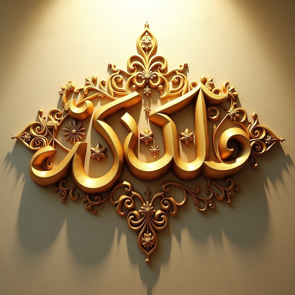 This image features ornate Arabic calligraphy with the word 'سمفلان', meaning 'life'. The design is intricate and three-dimensional. It showcases warm golden colors against a textured background. The letters are decorated with stars and floral motifs. The soft lighting enhances the depth of the calligraphy, creating a serene and uplifting atmosphere.