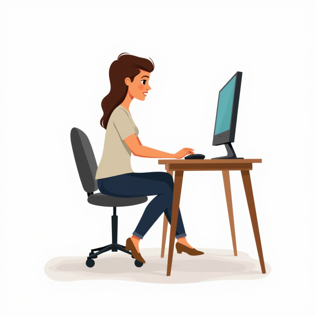 A woman with brown hair is sitting on an office chair, working at a computer on a wooden desk.