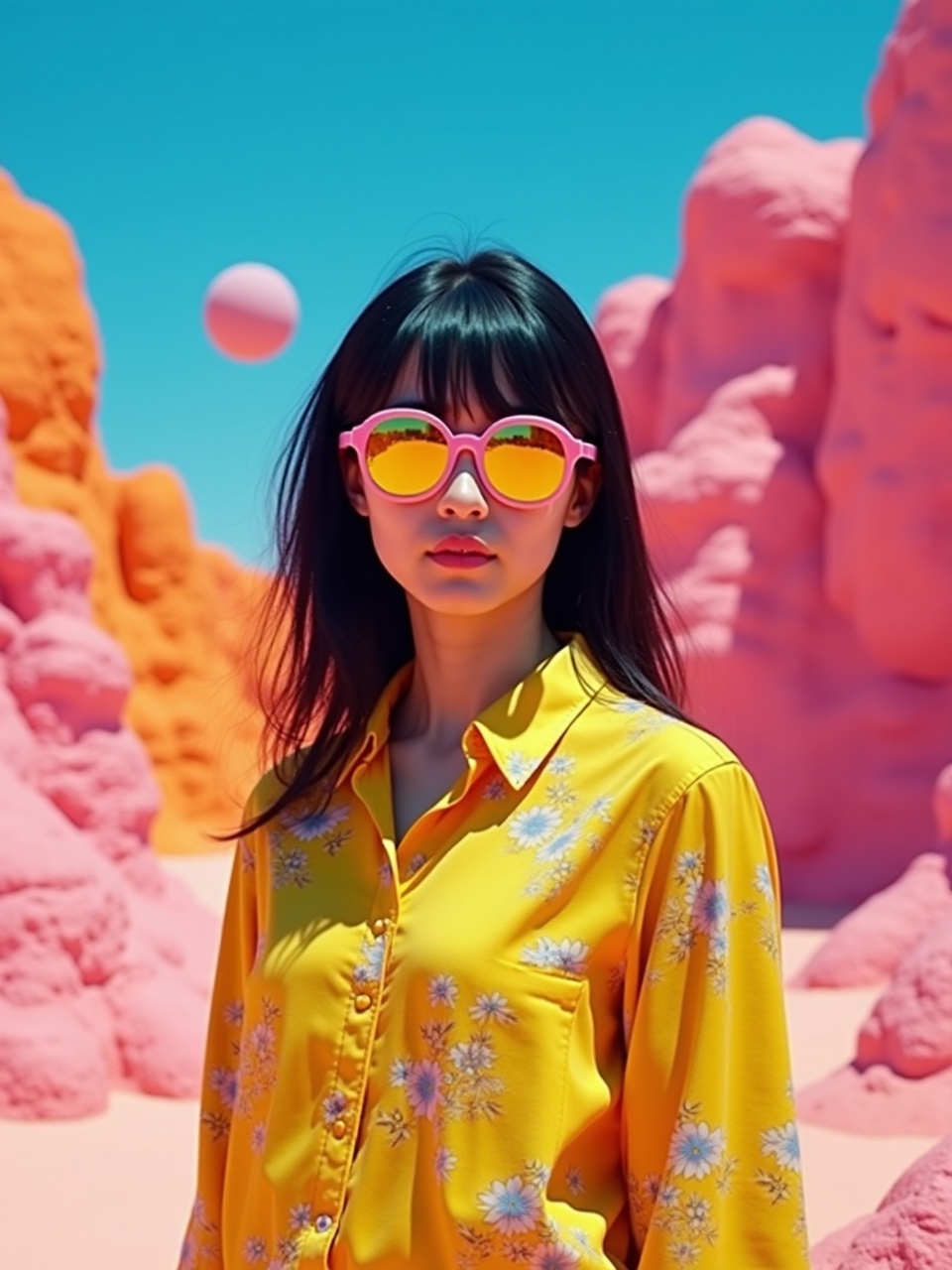 A woman stands confidently in a surreal, dreamlike landscape with pastel-colored rock formations resembling soft, fluffy clouds. She wears a vibrant yellow floral shirt and bold, pink sunglasses reflecting the colorful terrain. The sky is a striking, clear blue, enhancing the whimsical atmosphere of the scene.