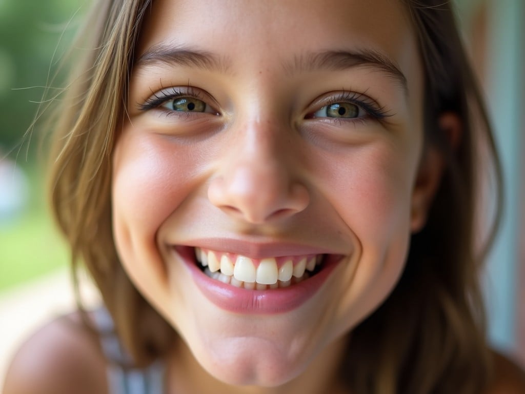 A close-up photograph of a young girl smiling broadly. Her joyful expression radiates happiness, showcasing her perfectly aligned teeth and sparkling eyes. The background is softly blurred with hints of green, enhancing the warmth of her smile. The lighting is natural and bright, illuminating her face beautifully. This image captures the essence of childhood joy and innocence in a candid manner.