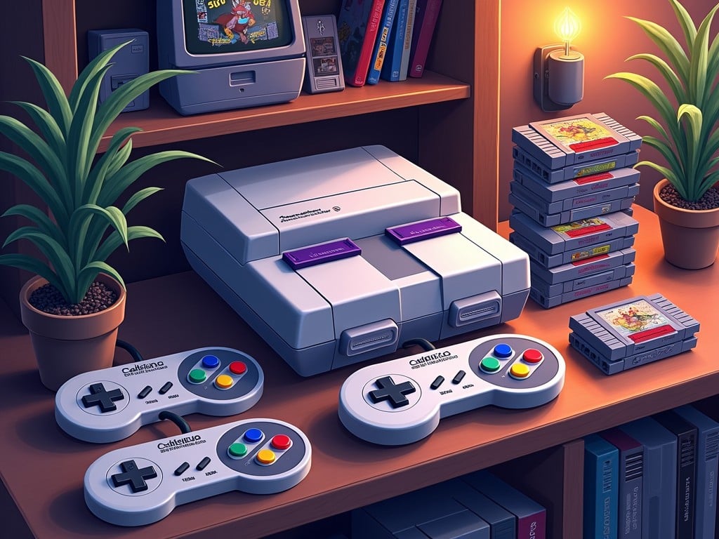 This illustration captures a nostalgic scene of a retro gaming setup, featuring a classic gaming console with two controllers, several game cartridges, and a CRT television displaying an 8-bit game. The surrounding ambiance is enhanced by potted plants and a warm glowing light bulb, which adds a cozy touch to the shelf setting. Books and game cases fill the shelves, evoking a sense of nostalgia for vintage gaming culture.