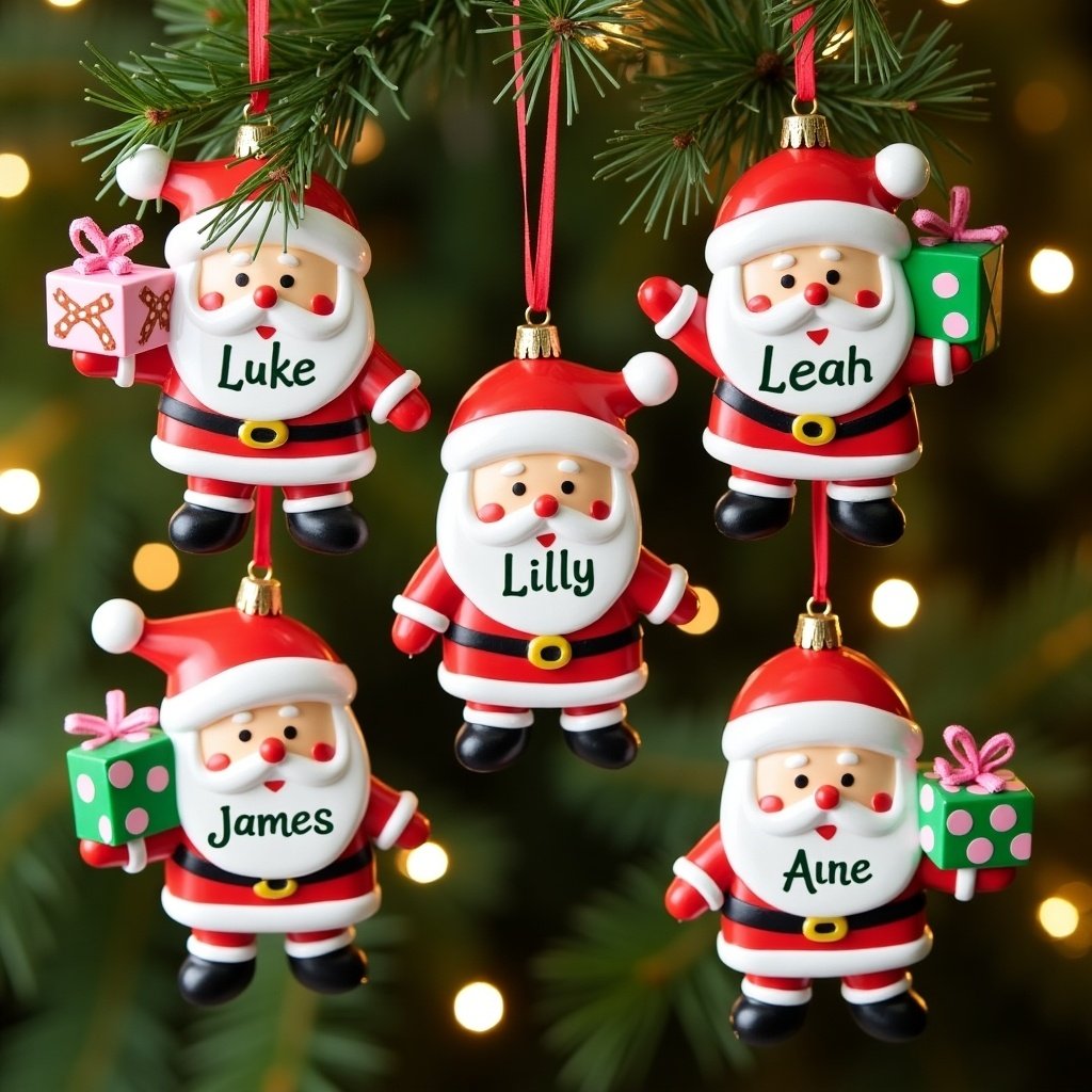 This image showcases five adorable Santa Claus ornaments hanging on a Christmas tree. Each ornament features a unique name: Luke, Leah, Lilly, James, and Aune, making them perfect personalized decorations. The Santas are dressed in traditional red and white attire, each holding colorful gift boxes. Soft, warm lights in the background create a festive atmosphere. This delightful display captures the spirit of the holiday season, making it ideal for Christmas decoration inspiration.