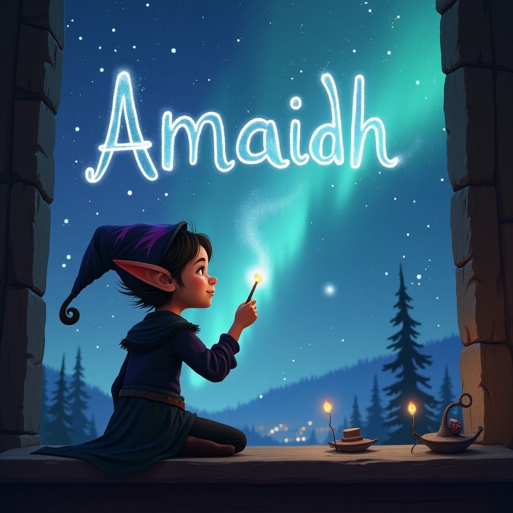 An enchanting scene featuring an elf with light brown skin and dark hair, highlighted with a purple streak. The elf is gazing up at a magical aurora sky filled with vibrant colors. In their hand, the elf holds a sparkling wand, using it to spell the name 'Amaidh' in the shimmering air. The setting is cozy, reminiscent of a winter night, with soft lighting contributing to the whimsical atmosphere. This illustration captures the joy and magic of the holidays, inviting viewers into a world of fantasy and wonder.